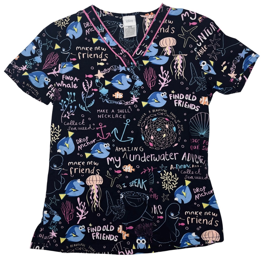 Disney Finding Nemo Dory Scrub Top XXS Black Pink Nemo Pixar Pediatric Medical